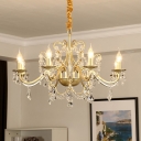 Gold Finish Candle Hanging Light Antique Style Metal Restaurant Chandelier with Crystal Strands