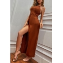 Classic Womens Dress Solid Color High Slit Halter Neck Maxi Slim Sleeveless Knitted Dress