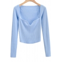 Womens Sweater Stylish Plain Color Slim Fit Square Neck Long Sleeve Pullover Sweater