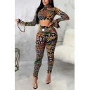 Womens Two Pieces Stylish Allover Print Split Cuffs Cropped Long Sleeve Mock Neck T-Shirt Cut-out Side High Waist Pencil Pants Set