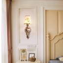 Flared Bedside Wall Lamp Traditional White Glass Gold Finish Sconce Light with Crystal and Flower Pattern