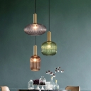 Ribbed Glass Bottle Ceiling Pendant Nordic Single-Bulb Suspension Light Fixture for Dining Room