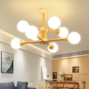 Nordic Orb Shaped Suspension Lamp Cream Glass Living Room Chandelier Light in Wood