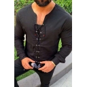 Basic Mens T Shirt Solid Color Long Sleeve V-neck Lace-up Front Slim Fit Tee Top