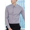 Basic Mens Shirt Solid Color Long Sleeve Point Collar Button Up Slim Fitted Shirt Top