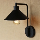 Black Cone Wall Lamp Vintage Iron 1 Bulb Bedside Wall Mount Lighting with Right Angle Arm