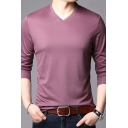 Simple Mens T Shirt Solid Color Long Sleeve V-neck Fitted Tee Top