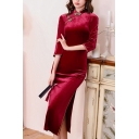 Elegant Womens Dress Velvet Half Sleeve Mandarin Collar Frog Button Slit Sides Mid Shift Dress in Burgundy