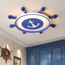 Marine Rudder Kids Bedroom Flush Light Acrylic Mediterranean LED Ceiling Mount Fixture in Blue