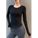 Gym Womens T-Shirt Plain Color Quick Dry Beauty-Back Skinny Fit Long Sleeve Crew Neck Yoga Tee Shirt