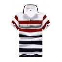 Chic Mens Polo Shirt Color Block Stripe Pattern Turn-down Collar Button Detail Short Sleeve Regular Fit Polo Shirt