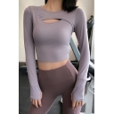 Girls Fancy Tee Top Solid Color Cut Out Long Sleeve Crew Neck Fit Crop T Shirt
