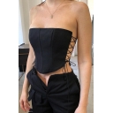 Edgy Womens Tube Plain Strapless Lace Up Side Asymmetric Hem Fitted Crop Tube Top