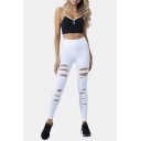 Hot Womens Set Contrasted Spaghetti Straps V-neck Fit Crop Cami & Ripped Pants Set