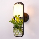 Metal Black Wall Light Rectangular 1 Head Nordic Sconce Fixture with Cylindrical Fabric Shade and Glass Pot Plant