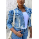 Chic Womens Jacket Faded Wash Ripped Frayed Hem Button down Long Puff Sleeve Slim Fit Cropped Denim Jacket