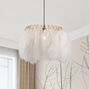 Minimalist Round Pendant Lighting Feather 1 Bulb Bedroom Hanging Light in White-Gold