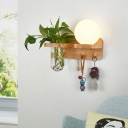 Geometric Shaped Bedside Wall Light Milk Glass 1-Bulb Nordic Pull Chain Sconce with Wood Shelf and Glass Pot