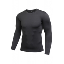 Gym Mens T-Shirt Solid Color Moisture Wicking Quick Dry Crew Neck Long Sleeve Skinny Fit T-Shirt