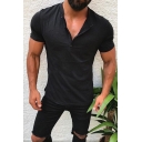 Guys Simple T Shirt Solid Color Short Sleeve V-neck Button Up Fitted Tee Top