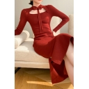 Fancy Ladies Dress Solid Color Long Sleeve Bow-tied Neck Cut Out Slit Sides Midi Sheath Dress