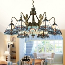 Bronze Mermaid Suspension Light Tiffany Metal Chandelier with Pyramid Stained Glass Shade