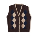Classic Womens Sweater Vest Rhombus Jacquard Single Breasted Regular Fit Sleeveless V Neck Sweater Vest