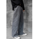 Street Boys Jeans Bleach Solid Color Mid Waist Long Length Wide-leg Jeans