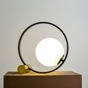 Opal Glass Ball Table Lighting Minimalistic 1 Bulb Black-Brass Night Lamp with Metal Ring