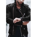 Mens Cool Jacket PU Leather Solid Color Long Sleeve Stand Collar Zip Up Regular Fit Jacket