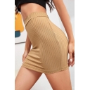 Hot Ladies Skirt Solid Color Ribbed High Rise Mini Fitted Skirt in Khaki