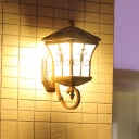 Antiqued Brass House Shaped Sconce Traditional Frosted Glass Solar LED Wall Light Fixture