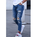 Dark Blue Popular Jeans Mid Rise Ripped Bleach Ankle Fitted Jeans for Men