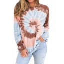 Trendy Womens T-Shirt Spiral Tie Dye Relaxed Fit Round Neck Long Sleeve T-Shirt