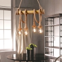 Linear Bamboo Island Light Fixture Countryside Restaurant Pendant Light with Rope in Brown