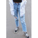 Womens Popular Jeans Bleach Distressed Mid Rise Ankle Length Fitted Jeans in Light Blue