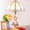1-Bulb Swan Nightstand Light Traditional Brass Metal Table Lamp with Scalloped Opal Glass Shade