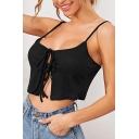 Sexy Womens Cami Solid Color Spaghetti Straps Tied Front Fit Crop Cami Top in Black
