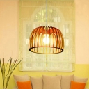 Drum Cage Kitchen Pendant Lighting Wood 1 Head Minimalist Ceiling Suspension Lamp in Beige