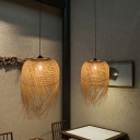 Wood Hand-Woven Pendant Lamp Asian 1-Head Bamboo Ceiling Light with Tassel Fringe