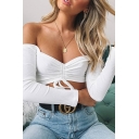 Edgy Looks Ladies T Shirt Ribbed Solid Color Long Sleeve Off Shoulder Drawstring Front Fit Crop Tee