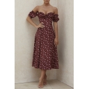 Pretty Girls Dress Ditsy Floral Printed Off the Shoulder Mid A-line Dress in Burgundy