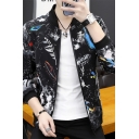 Fashion Colorful Feather Printed Stand Collar Black Zip Up Fitted Jacket for Guys