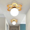 Nordic 1-Light Ceiling Fixture Wood Small Semi Flush Mount Light with Opal Glass Shade for Balcony