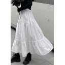 Cute Womens Skirt Plain Elastic Waist Ruffled Hem Mid Pleated A-line Skirt