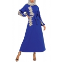 Arabic Dress Applique Long Sleeve Crew Neck Bow Tied Waist Maxi A-line Dress for Women