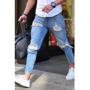 Trendy Mens Jeans Distressed Ripped Mid Rise Ankle Length Skinny Jeans in Light Blue