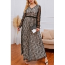 Classic Womens Dress Lace Relaxed Fit Ankle Length V Neck Long Sleeve A-Line Swing Dress