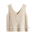 Classic Womens Sweater Vest Plain Color Button Decoration Drawstring-Waist V Neck Cropped Regular Fit Sleeveless Sweater Vest