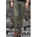 Chic Mens Pants Solid Color Flap Pockets Side Stacked Zipper Design Stretch Slim Fit Long Cargo Pants